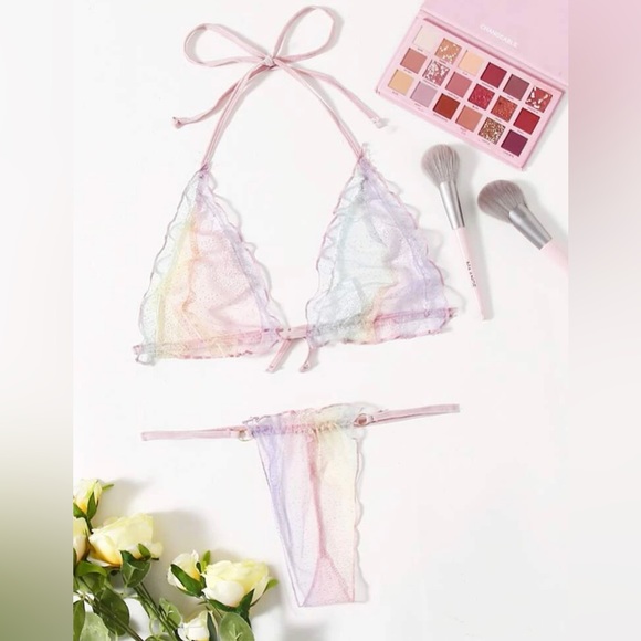 SEXY Ombre Sheer Mesh Lettuce Trim Lingerie Set *NEW* - Picture 1 of 5